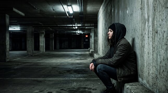 A person wearing a hoodie crouches against a weathered wall in a dim, empty parking garage. The gritty scene evokes feelings of stark desolation, vulnerability, and despair.