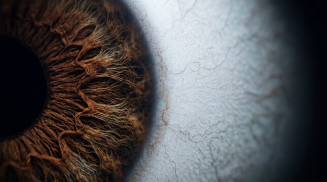 An extreme macro view showcases the intricate, fibrous texture of a brown iris meeting a stark white sclera. The shot conveys an intense feeling of raw scrutiny, vulnerability, and awe.