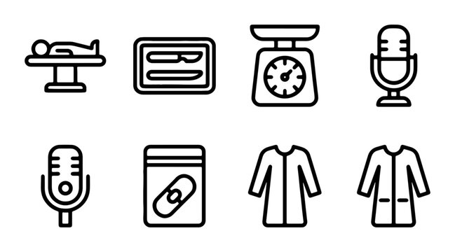 Forensic Science Icons, Crime Scene Investigation Symbols, Medical Examination Equipment, Evidence Collection Tools, Vector Graphics for Legal and Scientific Applications