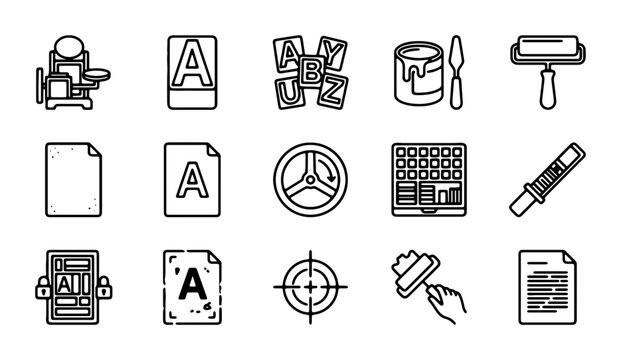 Print Shop Icons, Letterpress, Typography Tools, Graphic Design Elements, Vintage Printing Equipment Set