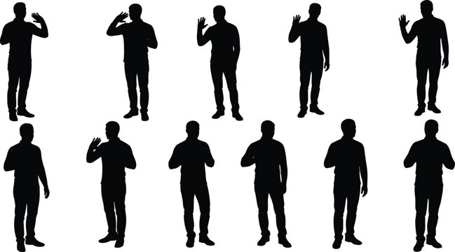 Silhouette set of a man standing and waving to greet or say goodbye, collection of male figures showing welcoming and friendly body language isolated vector graphic.