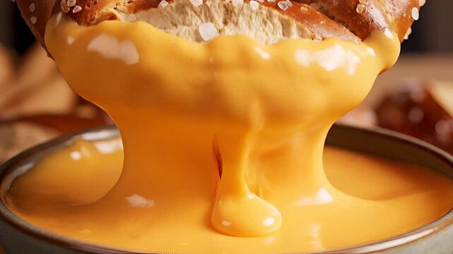 Delicious Soft Pretzel Dipped in Warm Cheesy Sauce Close Up.