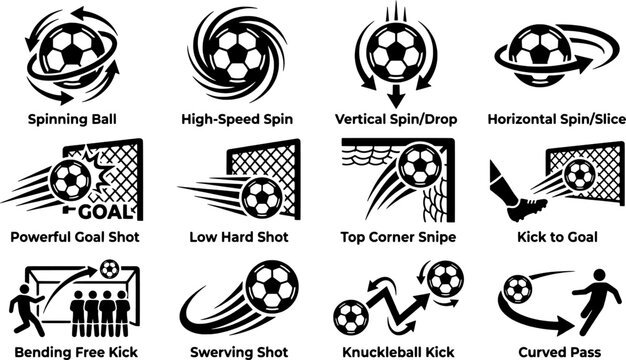Soccer ball kicks and shots vector icons