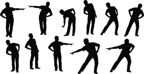 Obraz premium Silhouette set of a man pointing gesturing and stretching, collection of male figures in various active and pointing poses for commercial design isolated vector graphic.