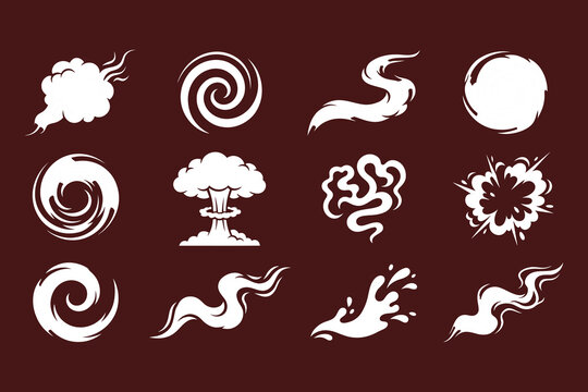 Vector cartoon smoke cloud collection comic explosion blast smoke trail spiral wind vortex element set silhouette icon illustration isolated on brown background