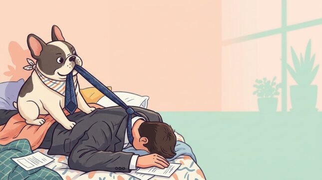 Playful French bulldog tugs on a businessman's tie while he naps amidst clothes