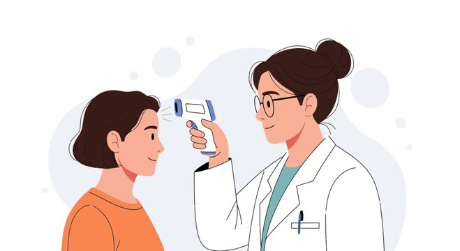 Doctor takes patient's temperature with infrared thermometer, health check illustration