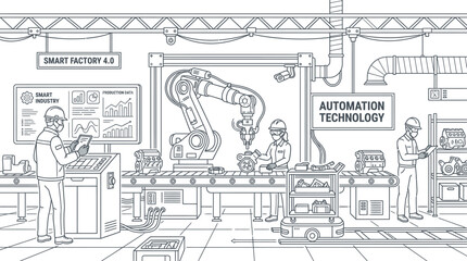 Obraz premium Line drawing of industrial workers operating robotic arms and automation technology in a smart factory with a focus on manufacturing and engineering.