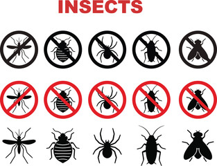  Anti insect pest control icon set with black silhouette shapes of mosquito bedbug spider cockroach and fly isolated on white background vector © Partho