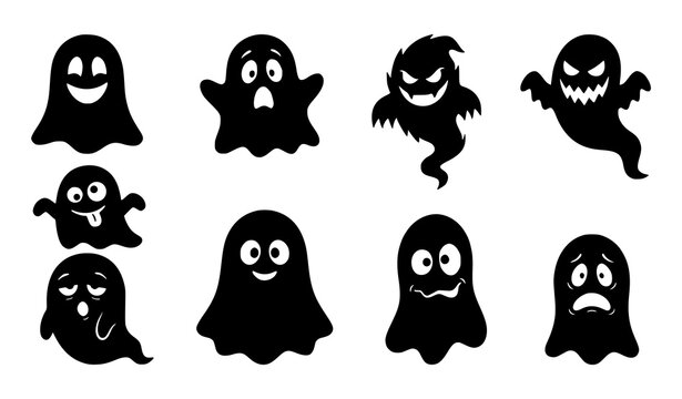 Black ghost Halloween silhouette collection with spooky cute floating characters and funny facial expressions vector set