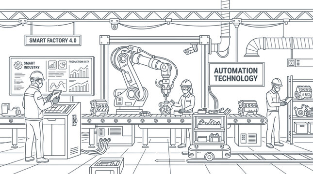 Line drawing of industrial workers operating robotic arms and automation technology in a smart factory with a focus on manufacturing and engineering.
