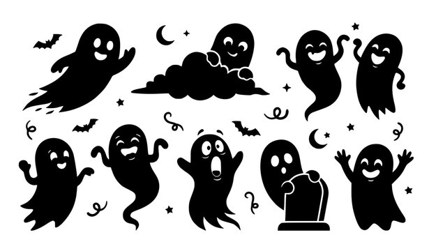 Spooky funny ghost character silhouettes for Halloween decoration isolated black vector illustration set