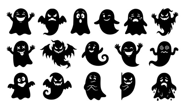 Funny scary ghost silhouettes set with expressive Halloween spirit characters isolated on white background vector illustration
