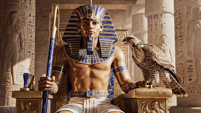 Majestic Pharaoh Sits on Throne with Falcon in Ancient Egyptian Temple.