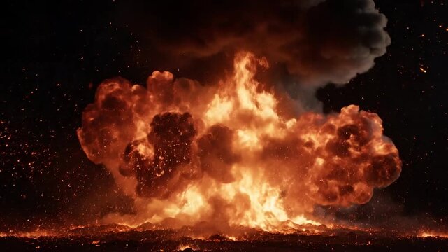 Massive fiery explosion with debris and smoke in the dark.