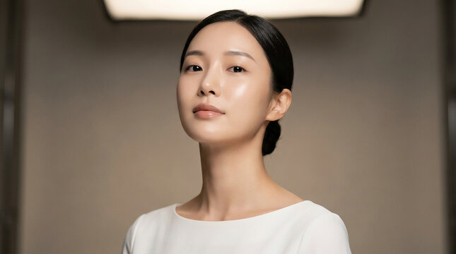 Portrait of young Asian woman with glowing clear skin portrait skincare cosmetic