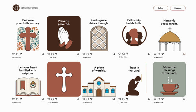 A collection of Christian-themed digital art posts, featuring crosses, prayers, churches, and scripture, designed for social media sharing.