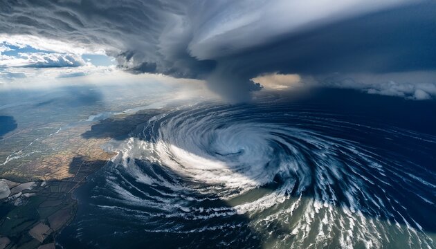 massive swirling storm vortex with light and shadow contrasts high aerial view