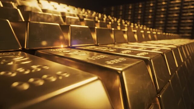 Rows of gleaming gold bars stacked in a secure vault representing wealth and investment.