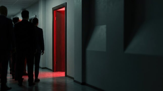 Silhouettes of people in suits stand in a dimly lit hallway facing an open door with red light