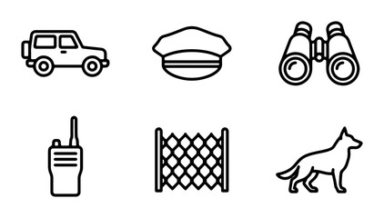 Security Icons Set: Patrol Car, Cap, Binoculars, Walkie-Talkie, Fence, Guard Dog Vector Graphics for Surveillance and Protection Concepts © Farabi