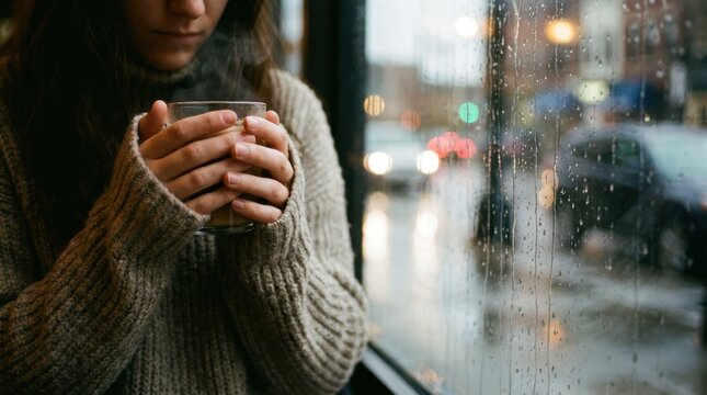 Person holding a warm beverage while looking out a rain streaked window on an overcast day
