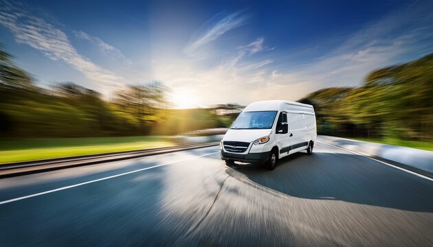 a modern white delivery van speeds along a bright blurred road symbolizing fast shipping and efficient logistics ready for commercial transportation and services