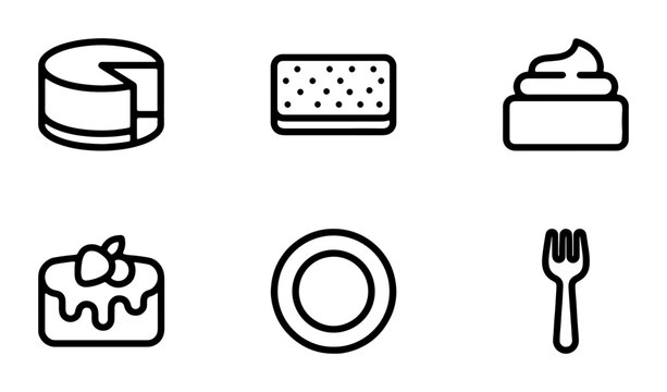 Minimalist Food Icons Set: Cake, Cheese, Dessert, Plate, Fork, Pastry Vector Graphics for Culinary Design