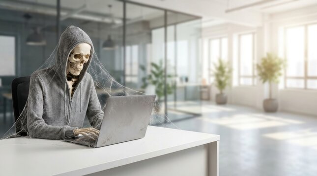 Skeleton in a hoodie sits at a dusty desk with a laptop covered in cobwebs