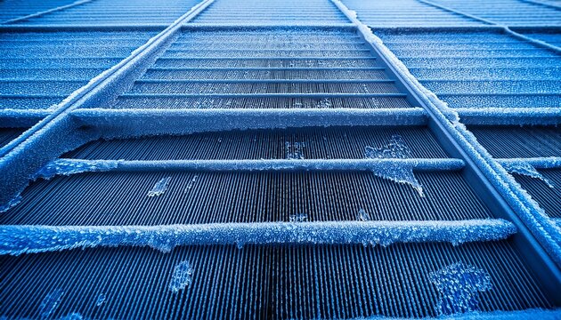blue aluminum air conditioner evaporator coils with frost and droplets