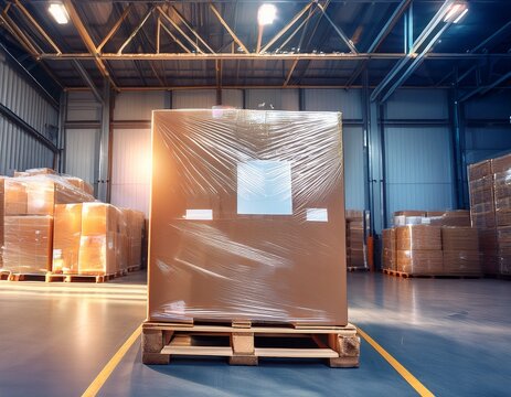 shrink wrapped box on a wooden pallet ready for transport in warehouse interior