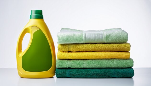 stack of clean folded towels next to a yellow plastic bottle of laundry detergent with a green cap and label in a flat design style on a white background