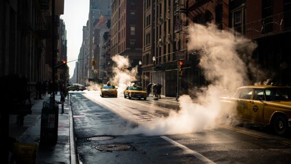 Obraz premium A busy city street with yellow taxis and steam rising from the pavement on a gloomy day, showcasing urban life and activity.