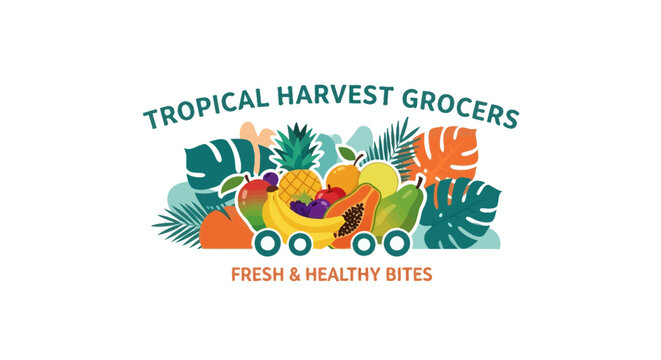 Vibrant tropical produce logo embodying fresh and healthy bites, showcasing a colorful array of exotic fruits and lush foliage, ideal for a modern grocery or healthy food brand