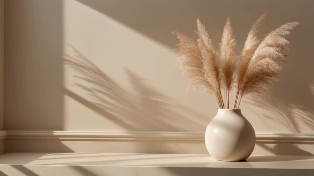 Minimalist beige vase with pampas grass casting soft shadows
