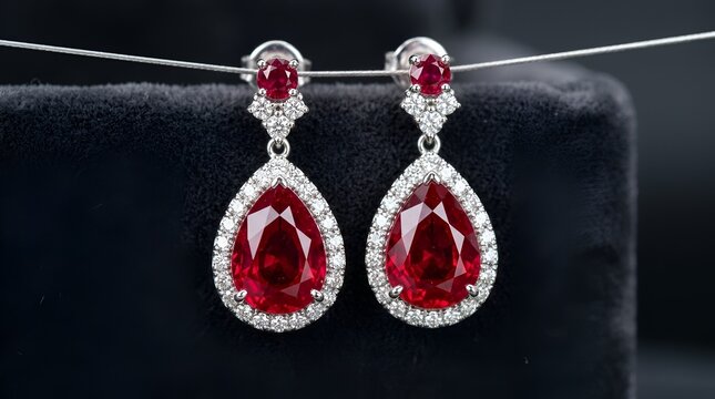 Elegant ruby earrings with diamonds on display, jewelry details