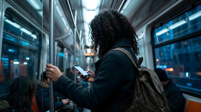 Distracted millennial woman checking messages on cell phone screen while traveling by public transit underground