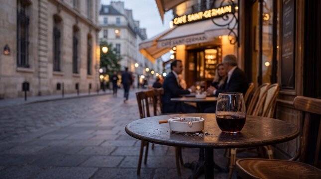 Parisian Cafe Scene: Wine, Cigarette, and Evening Ambiance