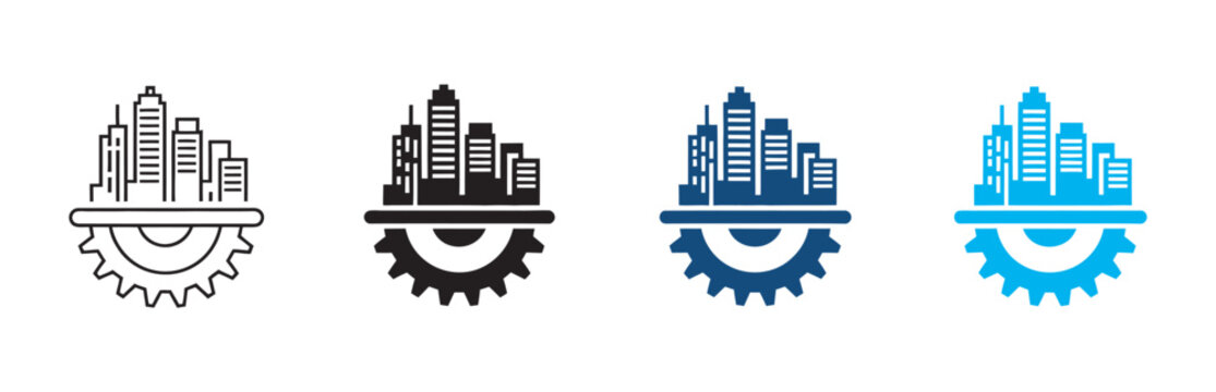 Infrastructure icon set, multi style collection, urban development icons, construction buildings roads utilities vector illustration