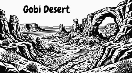 Rocky terrain in the Gobi Desert black and white vector representing harsh climate remote wilderness and Asian desert geography © Ethan