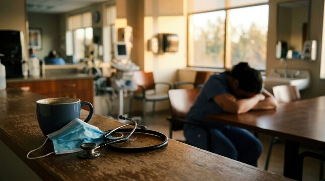 A stethoscope and face mask rest on a counter next to a coffee cup with a tired medical professional slumped at a table