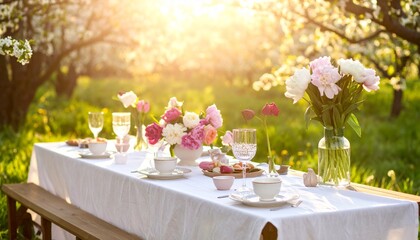 Obraz premium Romantisch gedeckter Gartentisch im blühenden Frühlingsgarten