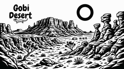 Rocky terrain in the Gobi Desert black and white vector representing harsh climate remote wilderness and Asian desert geography © Ethan