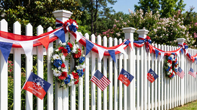 Juneteenth fence decoration patriotic bunting wreaths flags celebration for freedom day holiday festival backyard outdoor event design