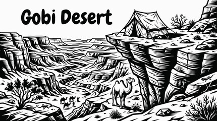 Rocky terrain in the Gobi Desert black and white vector representing harsh climate remote wilderness and Asian desert geography © Ethan