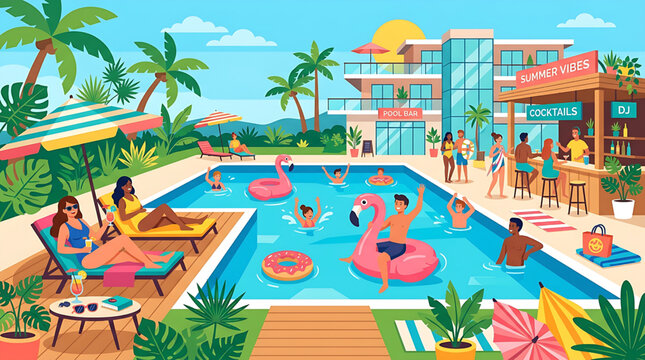 Vibrant flat illustration of people enjoying a lively summer vacation pool party at a tropical resort, with sunbathing, swimming, and poolside cocktails