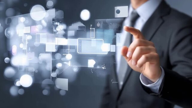 Hand interacts with digital display showing various data and images in a modern setting during a busy workday