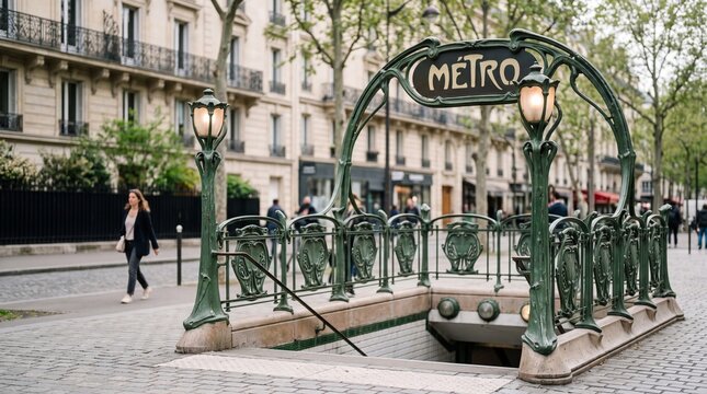 Art Nouveau Paris Metro Entrance with Elegant Green Ornate Structure