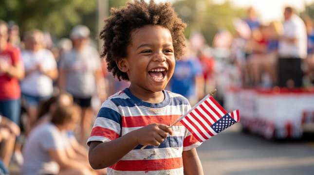 Juneteenth toddler boy waving American flag laughing celebrating freedom day for holiday festival children family event design