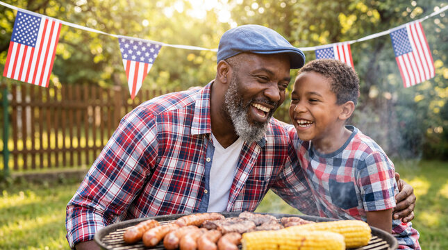 Juneteenth father son BBQ grilling backyard laughing celebrating freedom day for holiday festival family gathering event design
